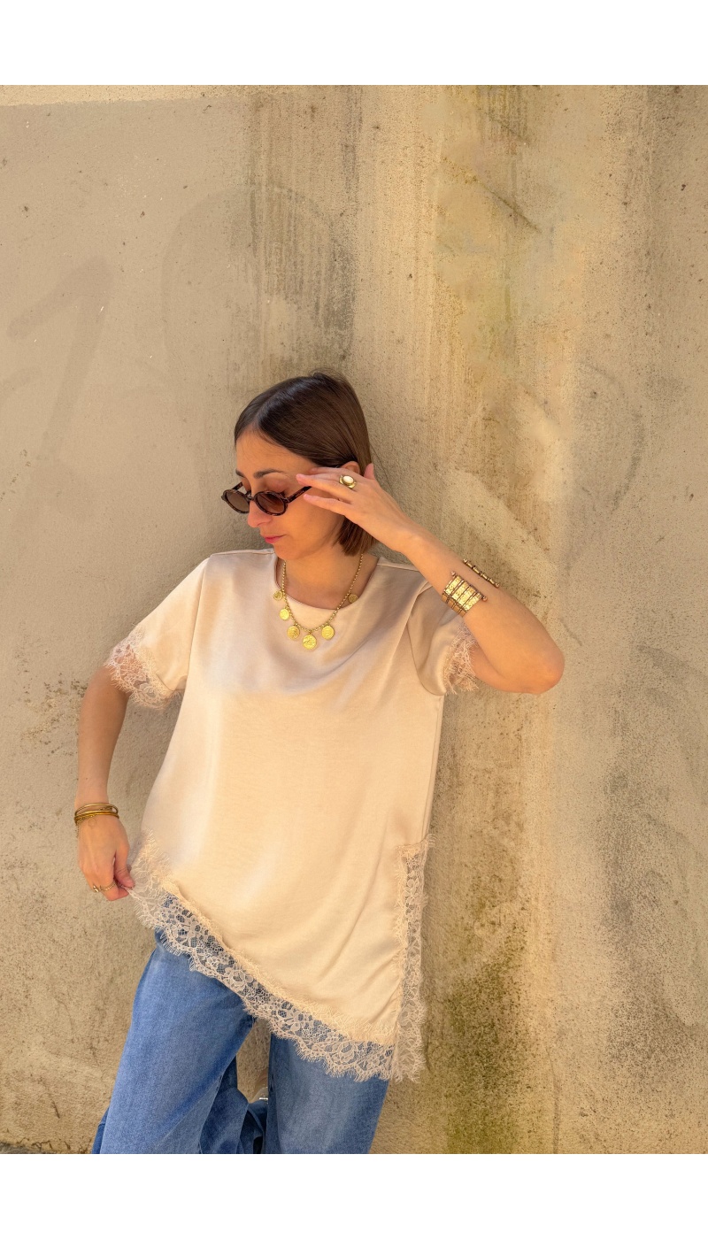 T-shirt Satiné Dentelle Beige DEMY