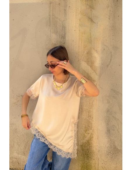 T-shirt Satiné Dentelle Beige DEMY