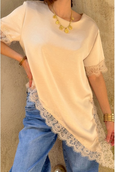 T-shirt Satiné Dentelle Beige DEMY 2