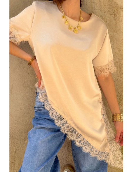 T-shirt Satiné Dentelle Beige DEMY