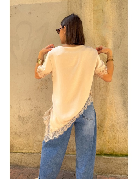 T-shirt Satiné Dentelle Beige DEMY