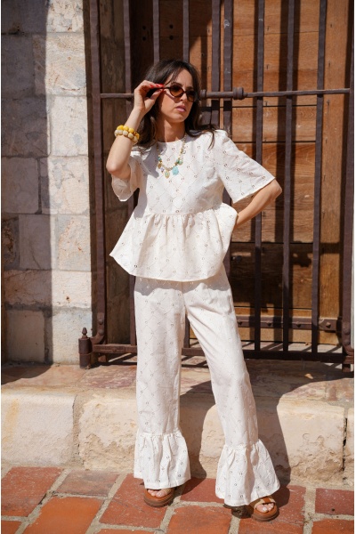 Pantalon Brodé Ecru LOUISE