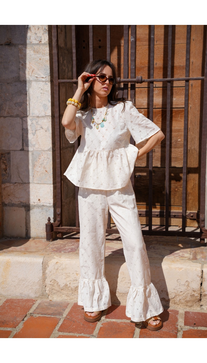 Pantalon Brodé Ecru LOUISE