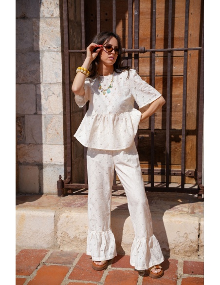 Ecru Embroidered Trousers LOUISE