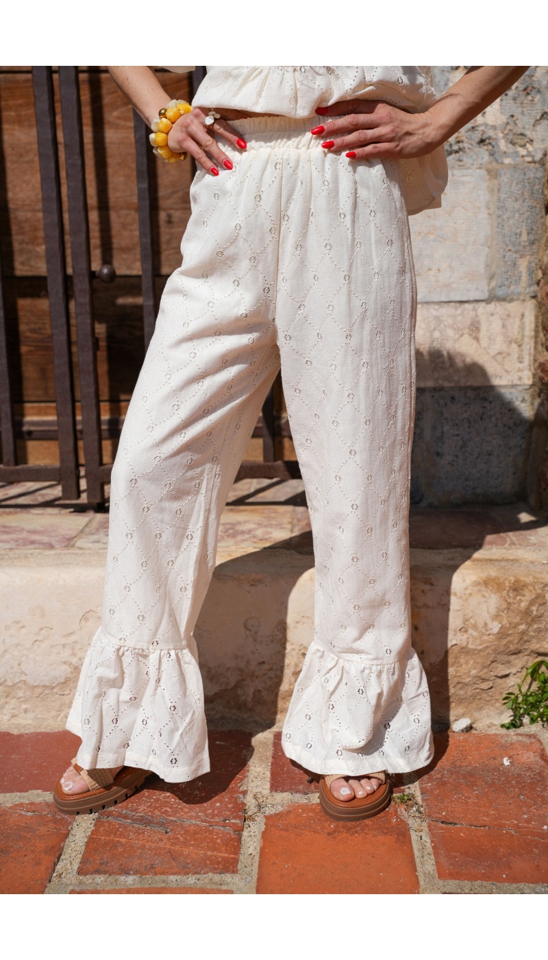 Pantalon Brodé Ecru LOUISE