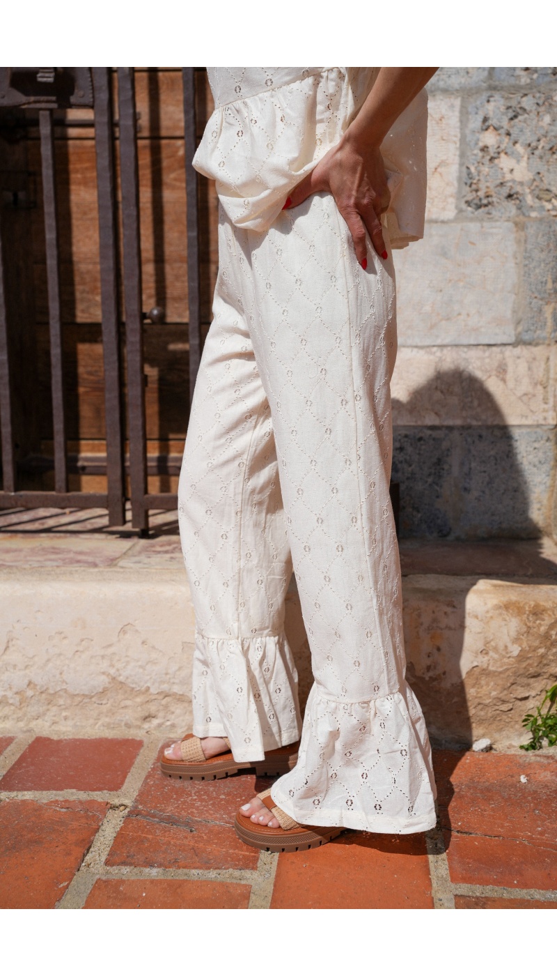 Pantalon Brodé Ecru LOUISE