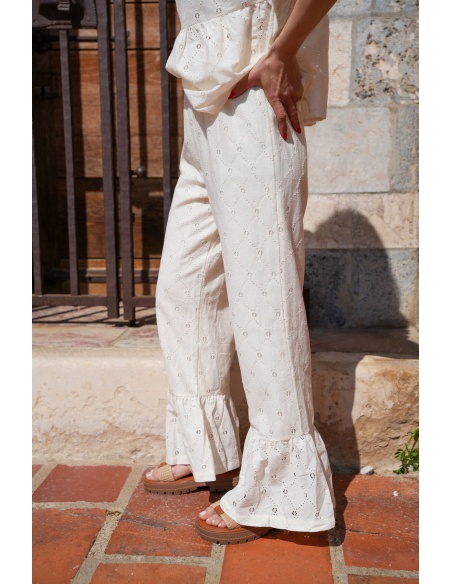 Pantaloni ricamati écru LOUISE
