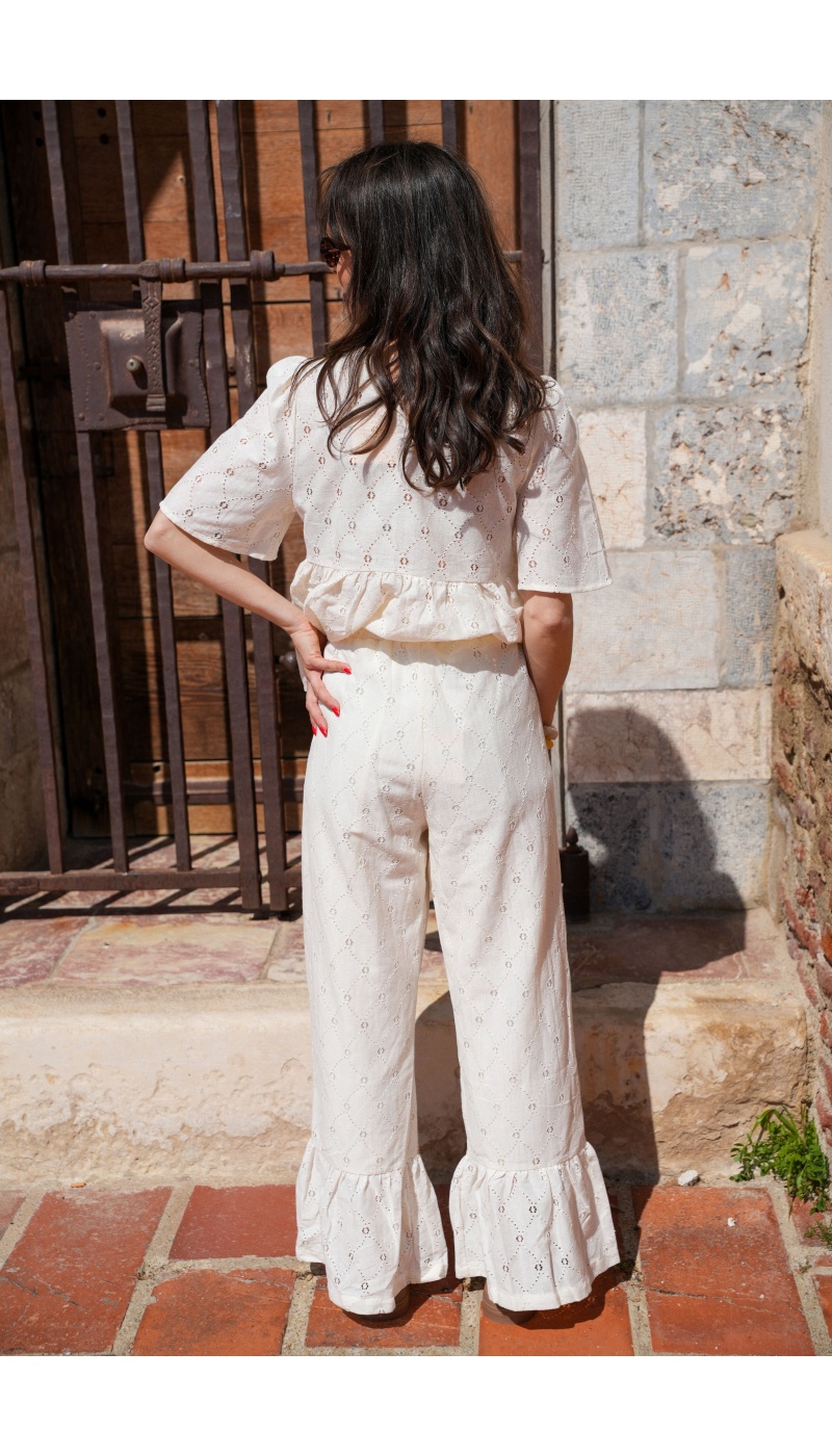 Pantaloni ricamati écru LOUISE