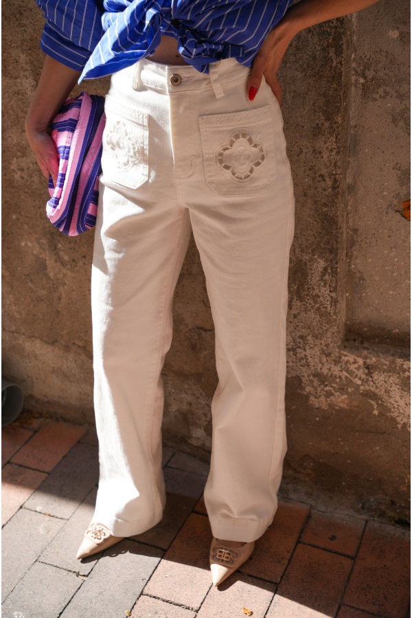 White Embroidered Pants MANDY