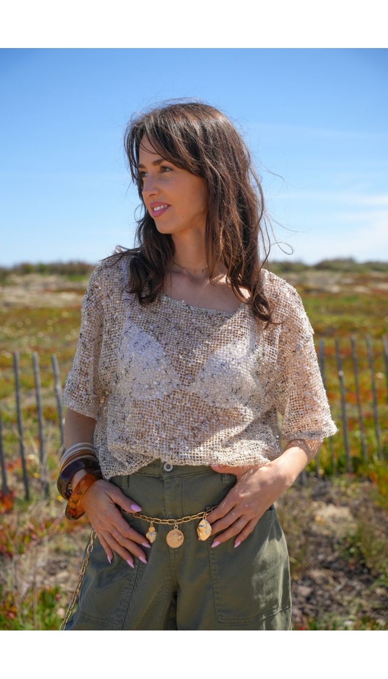 SARL VESTE DUE TOP DA DONNA BEIGE CON PAILLETTES