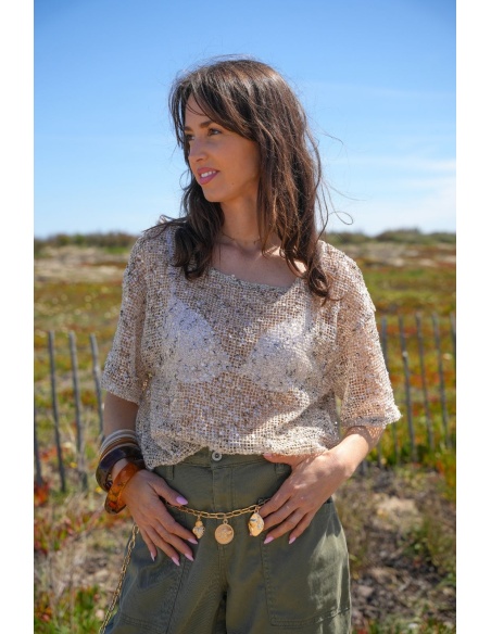 SARL VESTE DUE TOP DA DONNA BEIGE CON PAILLETTES