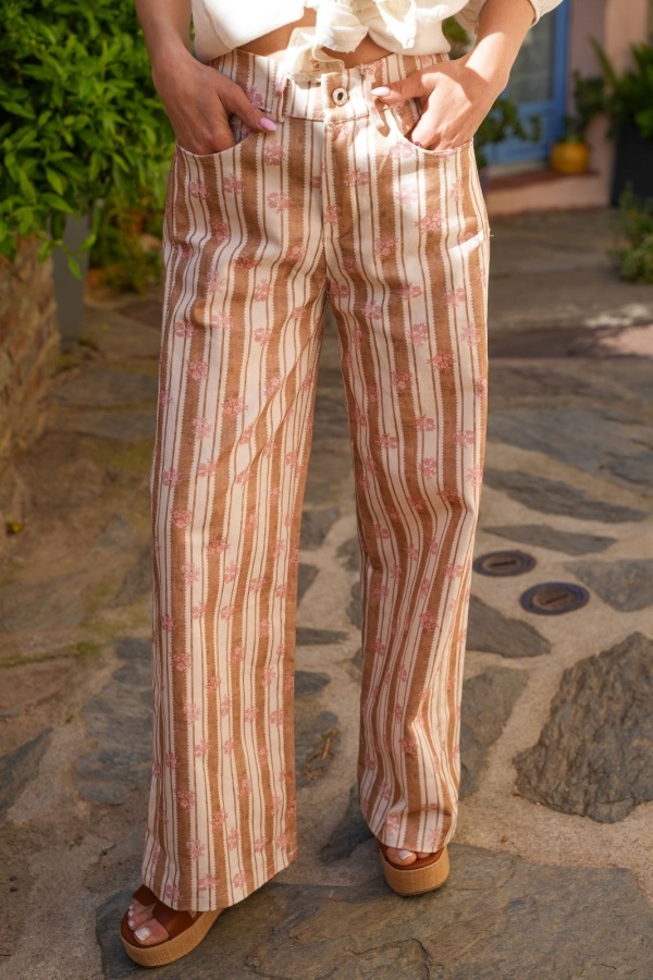 Pantalon Rayé Fleurs Beige EUDY - Élégance et Confort