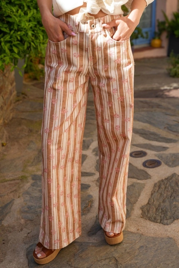 Pantalon Rayé Fleurs Beige EUDY - Élégance et Confort