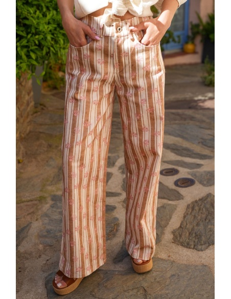 Pantalon Rayé Fleurs Beige EUDY - Élégance et Confort