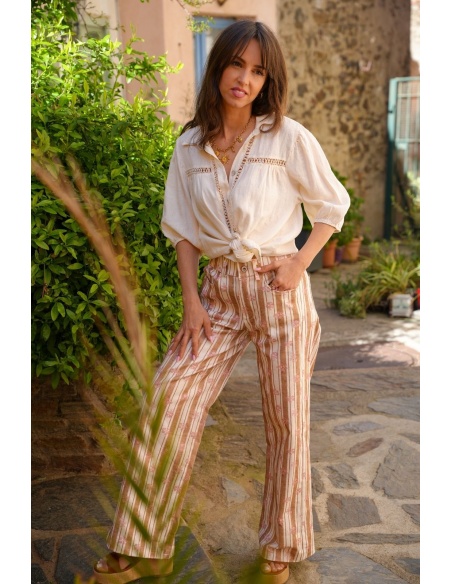 Pantalon Rayé Fleurs Beige EUDY - Élégance et Confort