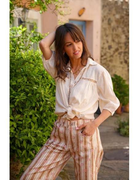 Pantalon Rayé Fleurs Beige EUDY - Élégance et Confort