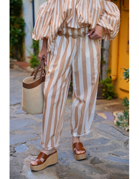 Pantalon Rayé Beige NATANIEL - Élégance et Confort à Domicile