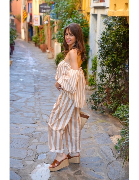 Pantalon Rayé Beige NATANIEL - Élégance et Confort à Domicile