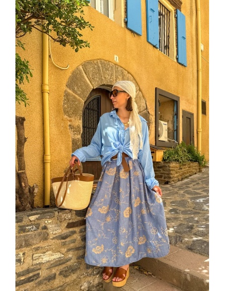 Jupe Longue Brodée Ciel OMAHA - Élégance et Style