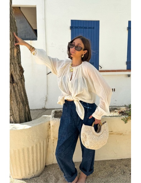 PANTALON FEMME BRODE MARINE