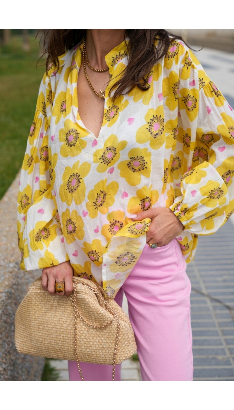 PANDORA Yellow Flowers Blouse - Women's Spring Elegance