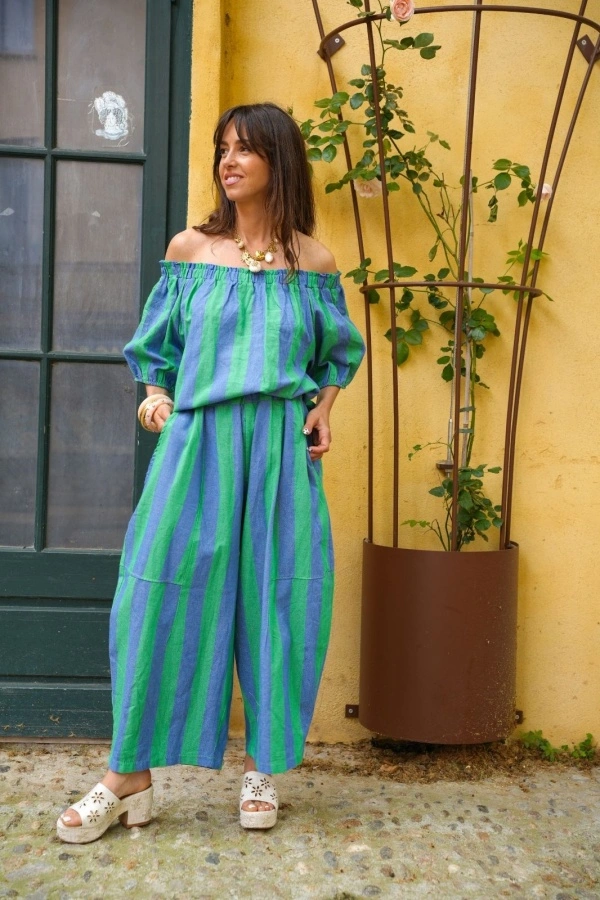Pantalon Rayé Vert Bleu ELMA