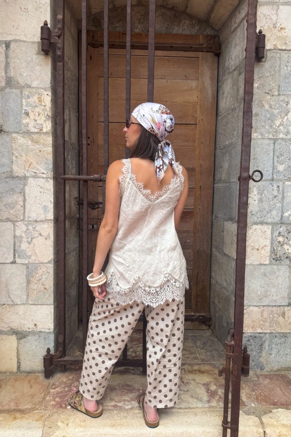 PANTALON FEMME POIS ECRU E26