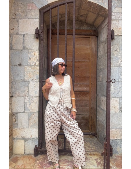 PANTALON FEMME POIS ECRU E26