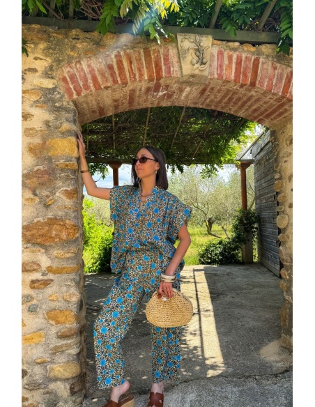 PANTALON FEMME FLEURS BLEU E26