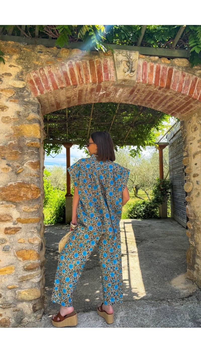 PANTALON FEMME FLEURS BLEU E26