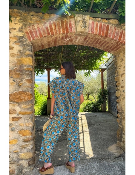 PANTALON FEMME FLEURS BLEU E26