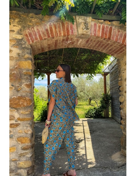 PANTALON FEMME FLEURS BLEU E26