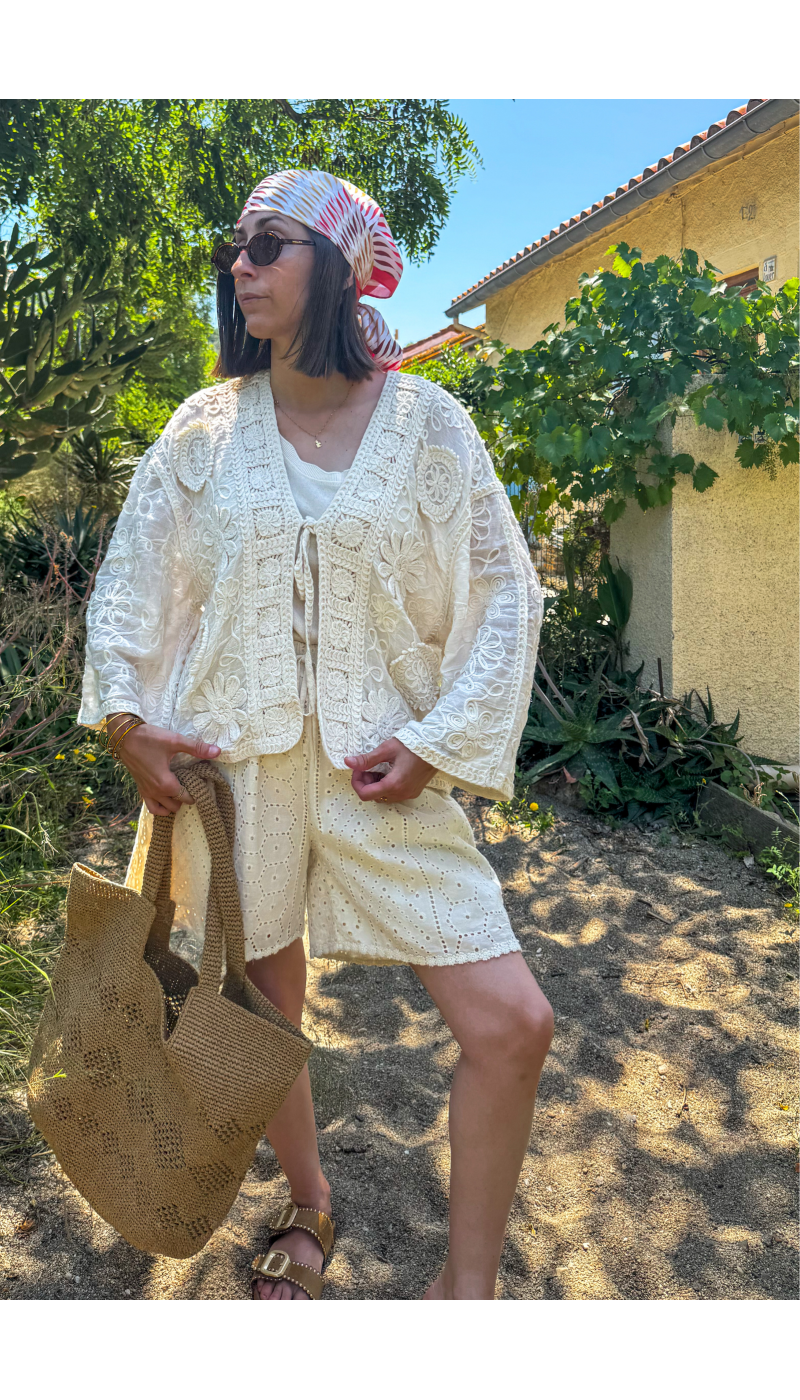 Gilet Femme Macramé Écru NOUR - Élégance et Style