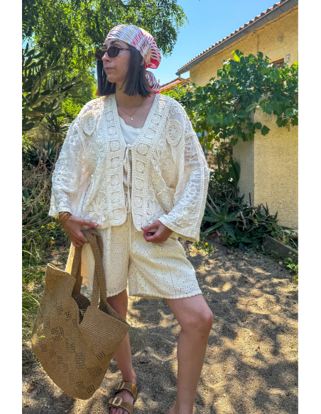Gilet Femme Macramé Écru NOUR - Élégance et Style