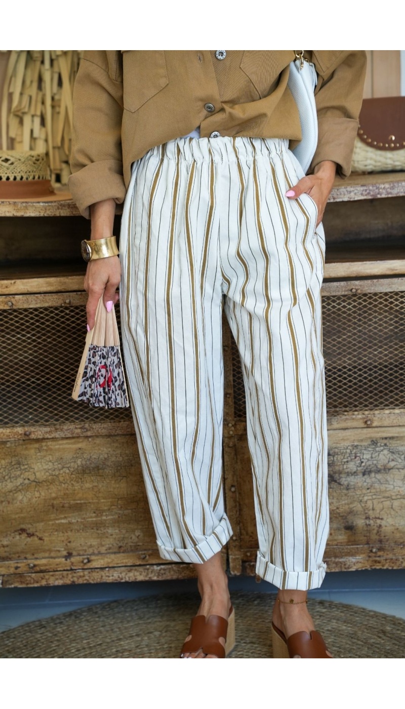 Pantalón Rayas Caqui/Crudo VALENTINE - Elegancia y Estilo