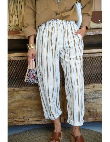 Khaki/Ecru gestreifte Hose VALENTINE – Eleganz und Stil