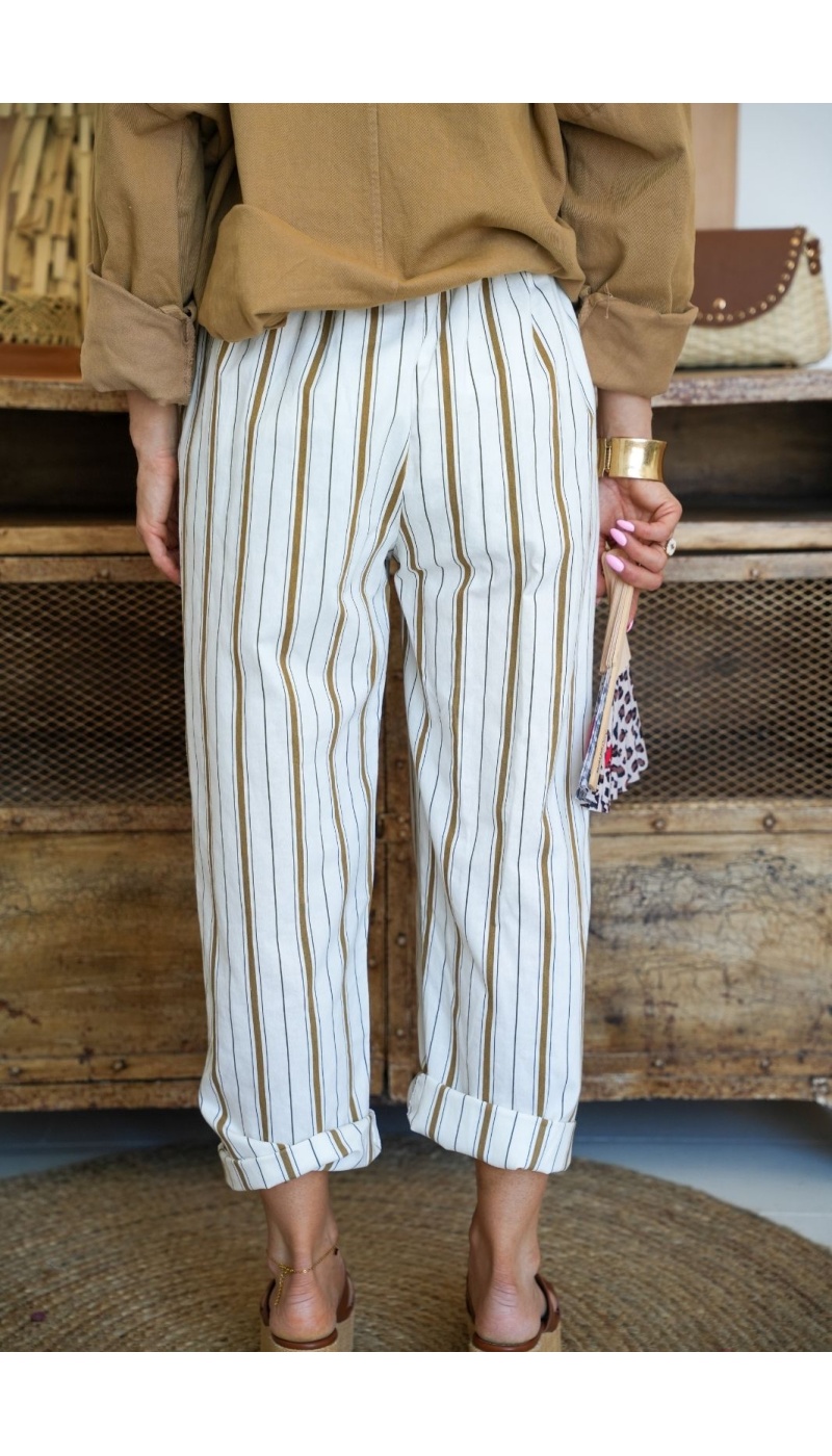 Pantalon Rayé Kaki/Ecru VALENTINE - Élégance et Style