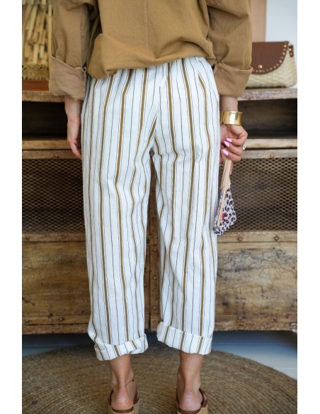 Pantalon Rayé Kaki/Ecru VALENTINE - Élégance et Style
