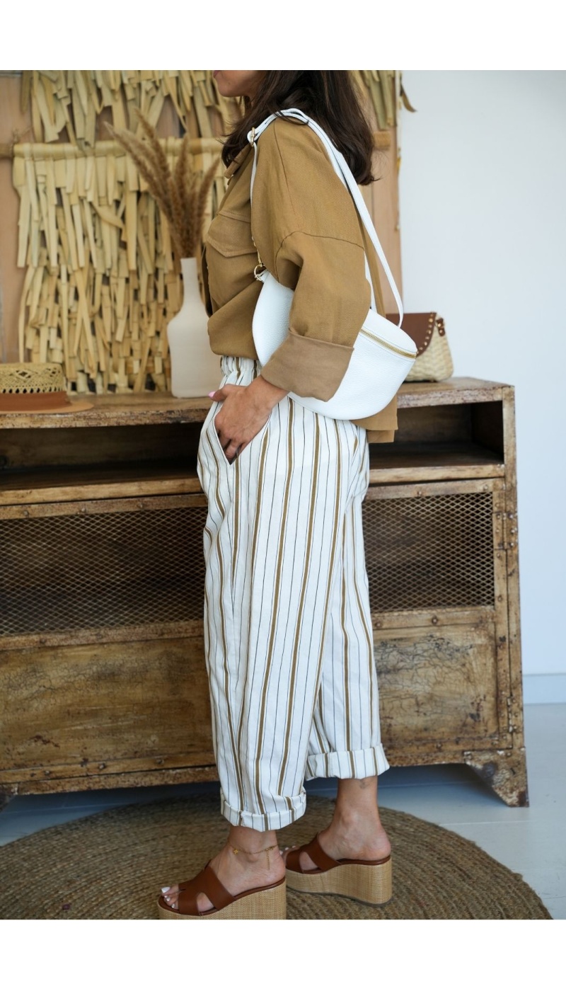 Khaki/Ecru gestreifte Hose VALENTINE – Eleganz und Stil