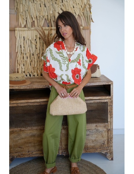 Blouse Fleurs Blanc/Kaki KIARA