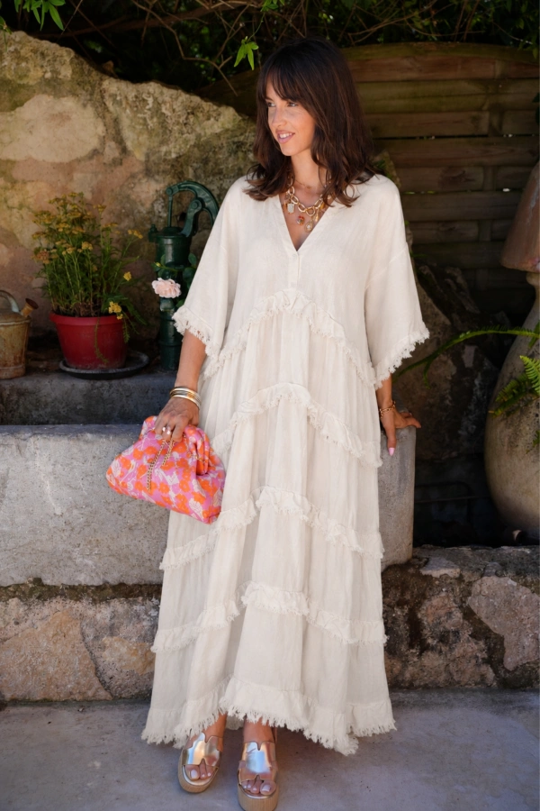 Chic Robe Franges Écrue MARLENE - Élégance Féminine