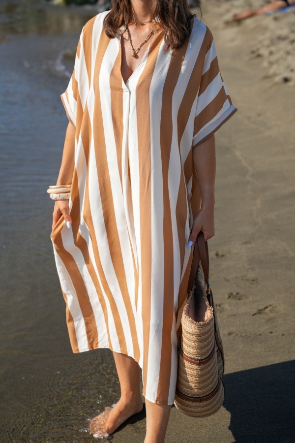 Robe Longue Rayée Camel VAIANA - Élégance et Confort 2