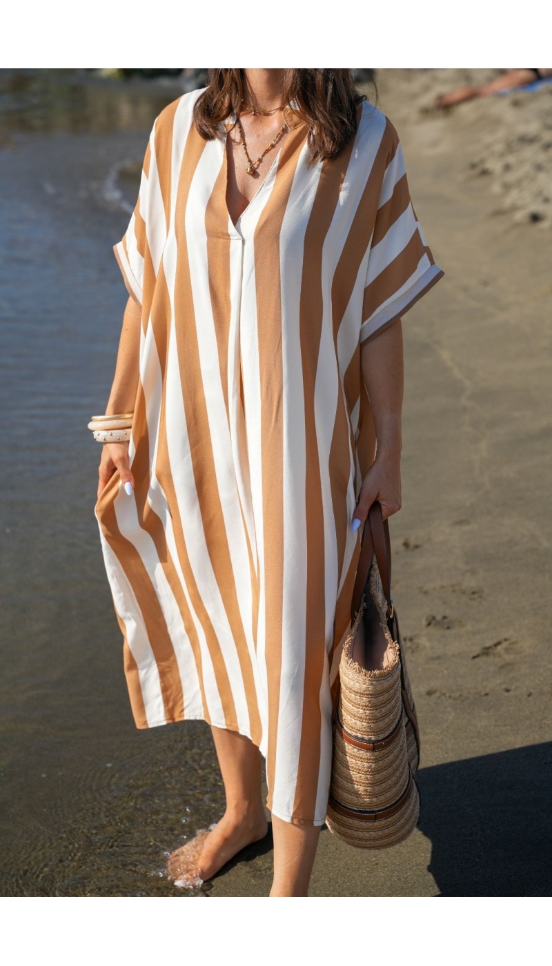 Abito Lungo Rigato Cammello VAIANA - Eleganza e Comodità