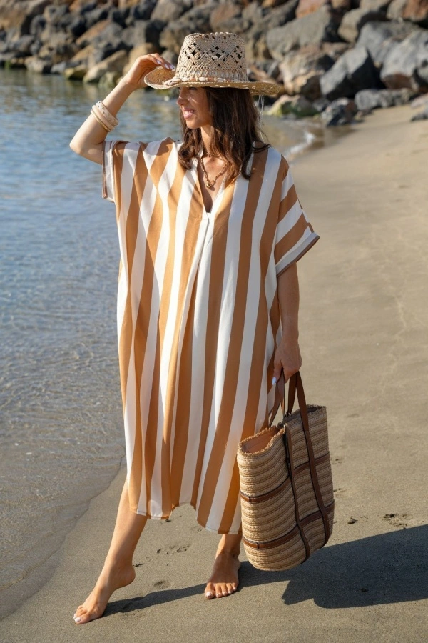 Robe Longue Rayée Camel VAIANA - Élégance et Confort