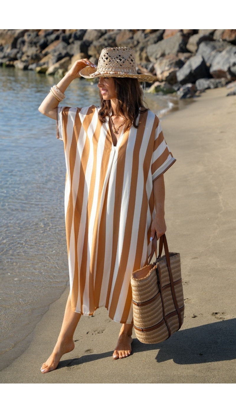 Vestido Largo Rayas Camel VAIANA - Elegancia y Confort
