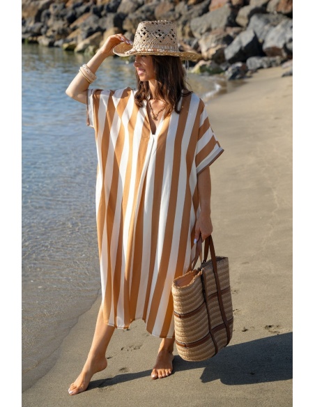 Vestido Largo Rayas Camel VAIANA - Elegancia y Confort