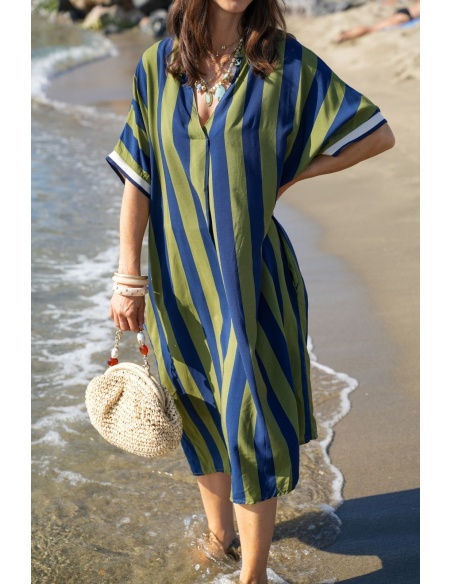 Vestido Longo Listrado Cáqui VAIANA – Elegância e Conforto