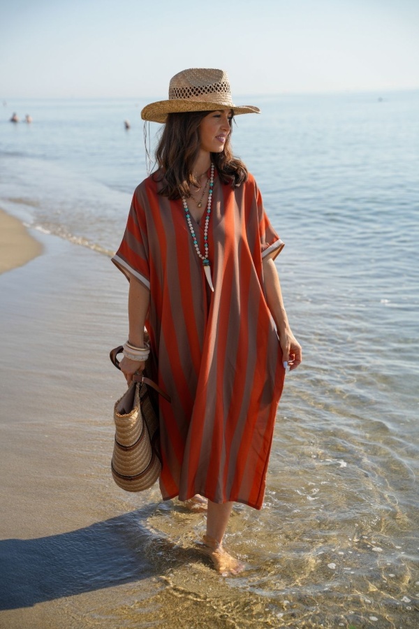 Vestido Largo Rayas Naranja VAIANA - Elegancia en Casa