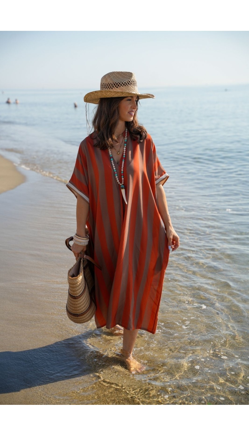 Orange gestreiftes langes Kleid VAIANA – Eleganz zu Hause