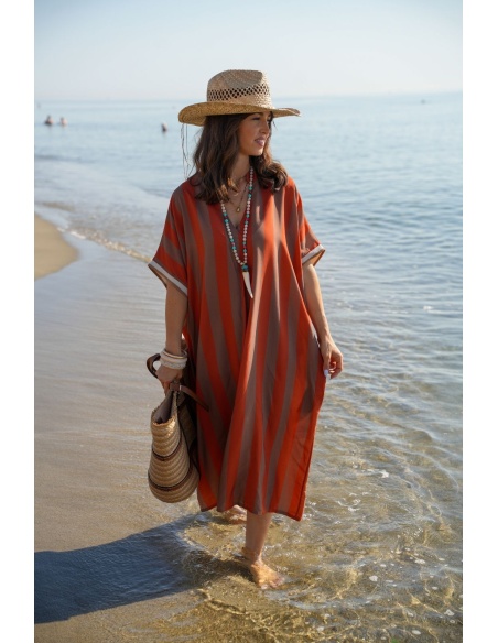 Robe Longue Rayée Orange VAIANA - Élégance à la Maison